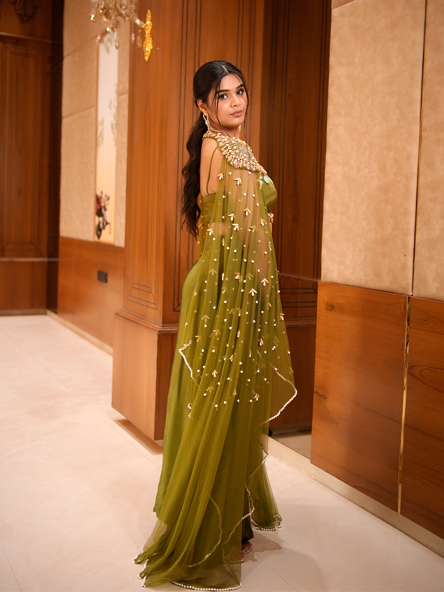 Ethereal Olive: Cape Blouse & Draped Skirt Set