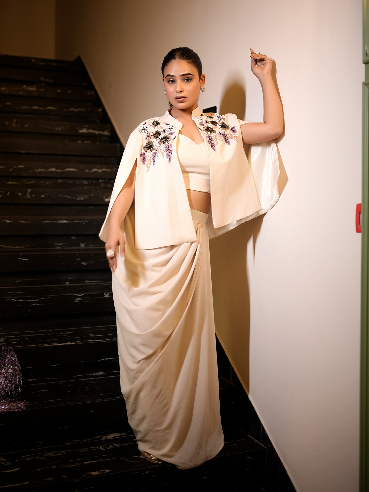 Ivory Eclipse: Embroidered Cape & Drape Skirt Set