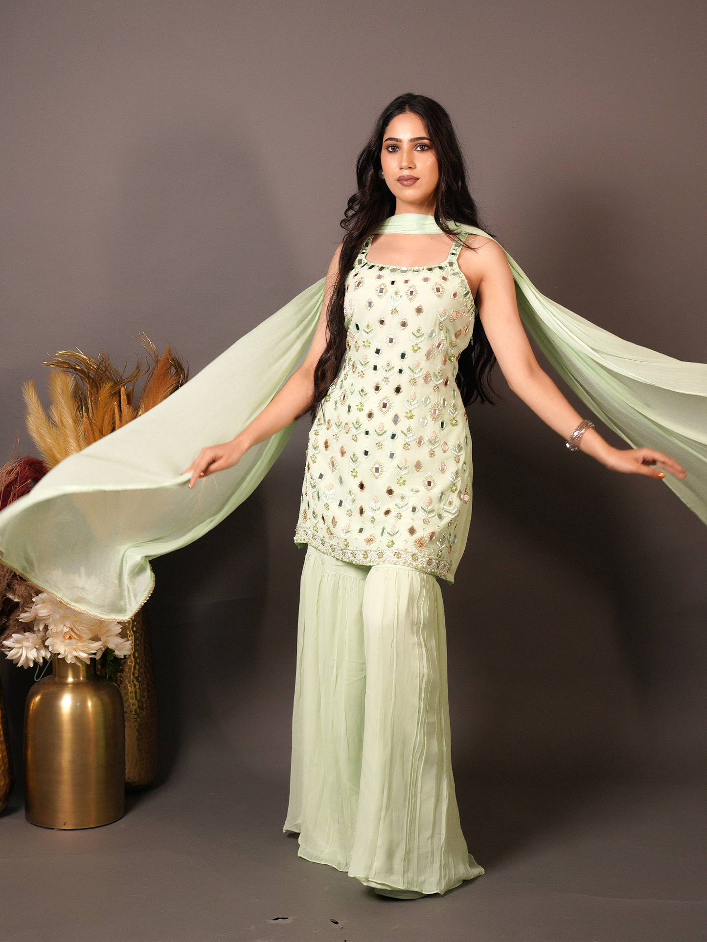 Sage Mirror Glow Sharara Set