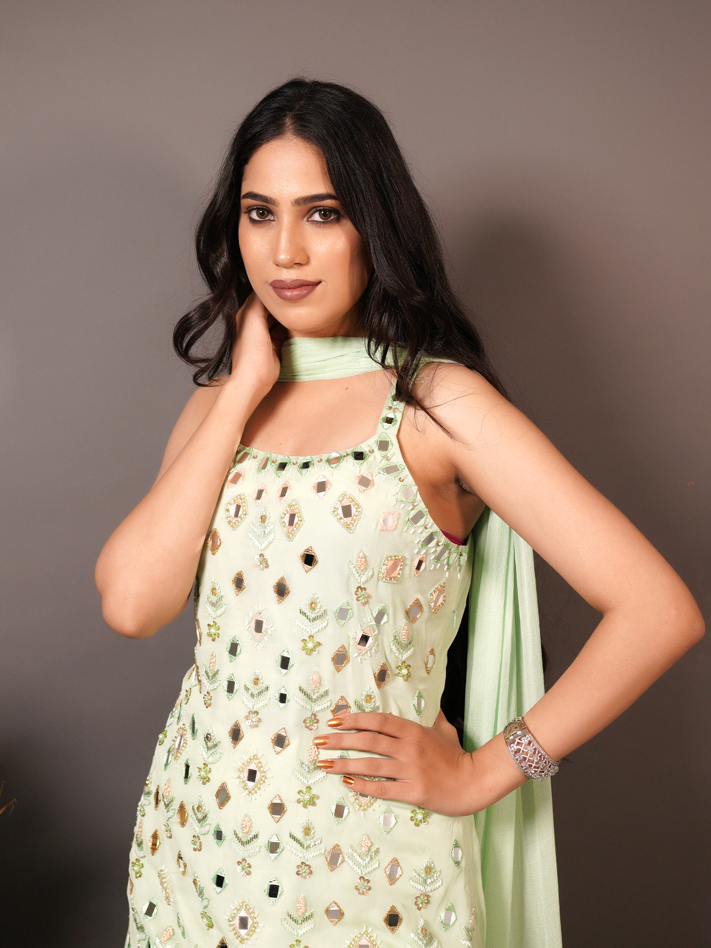 Sage Mirror Glow Sharara Set